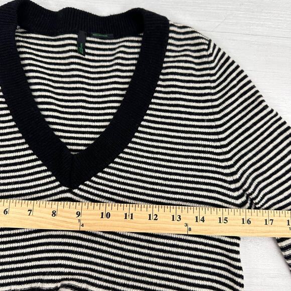 Stile Benetton Wool Blend V-Neck Sweater Women Small Striped Black Grunge Cozy - Picture 9 of 13